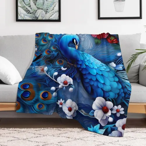 Blue Peacock Floral Throw Blanket