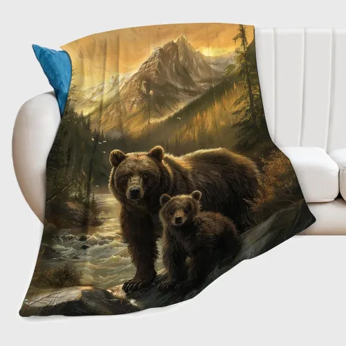 Mom And Baby Bear Print Plush Blanket