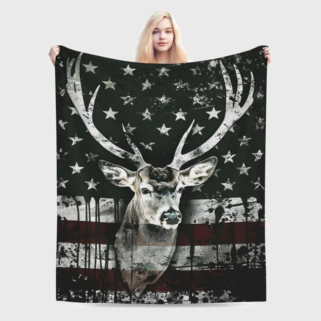 Camo Flag Deer Print Throw Blanket