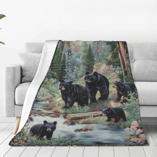 Black Bear Family In Forest Plush Blanket