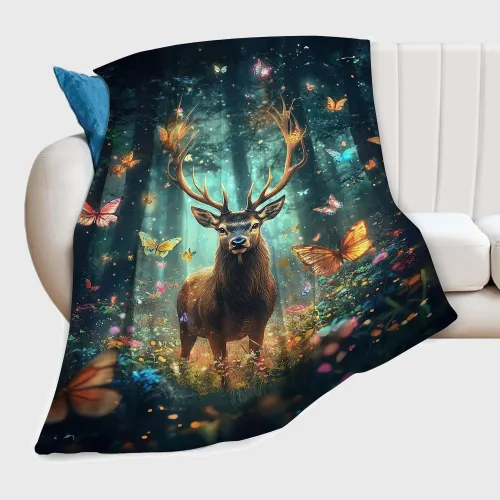 Forest Butterfly Deer Throw Blanket