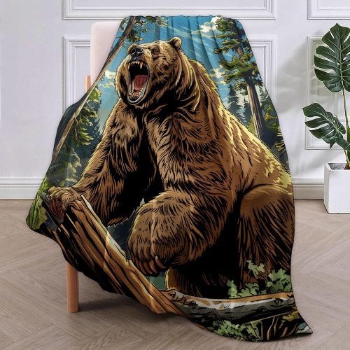 Roaring Brown Bear Plush Blanket