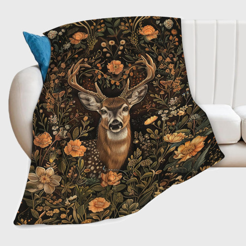 Floral Deer Print Throw Blanket