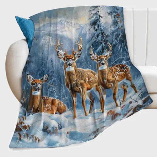 Winter Deer Print Throw Blanket