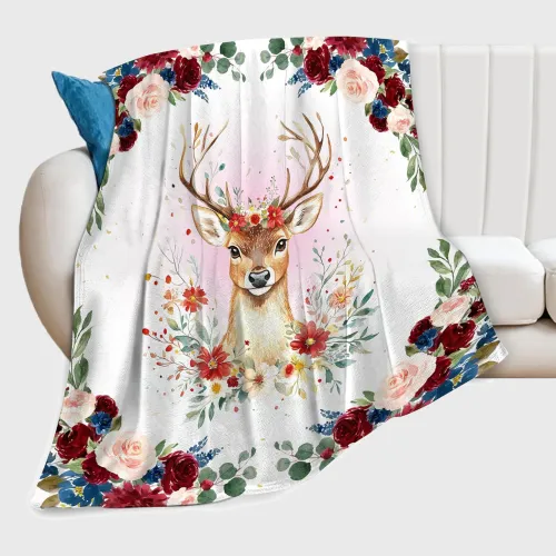 Blossoms Deer Printed Throw Blanket