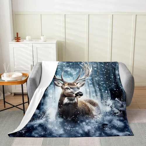 Snow Deer Print Plush Blanket