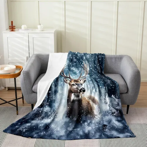Snow Deer Print Plush Blanket