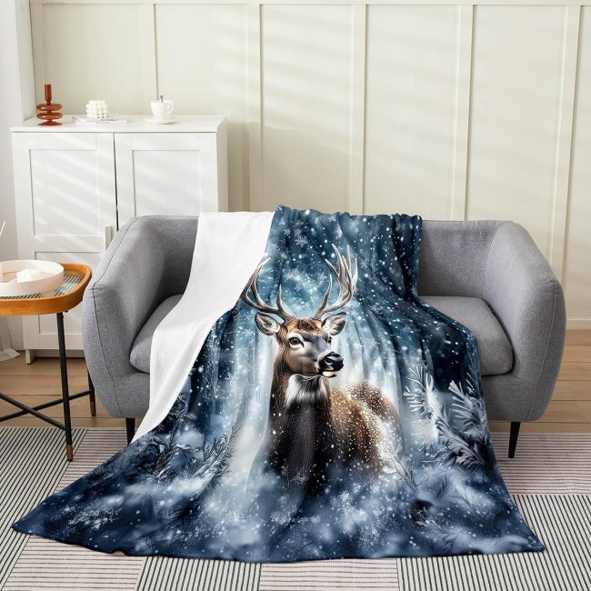 Snow Deer Print Plush Blanket