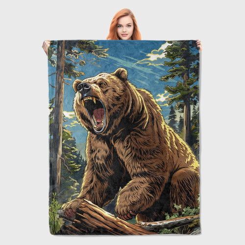 Roaring Brown Bear Plush Blanket