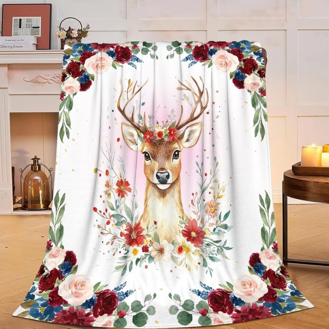 Blossoms Deer Printed Throw Blanket