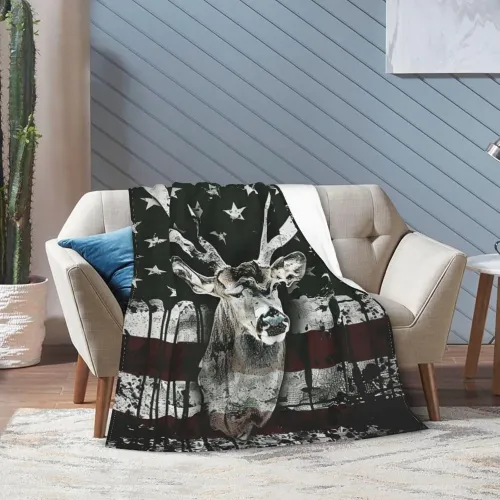 Camo Flag Deer Print Throw Blanket
