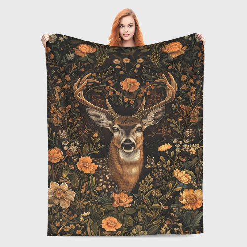 Floral Deer Print Throw Blanket