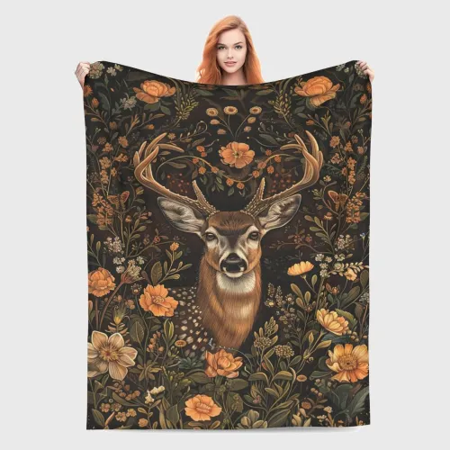Floral Deer Print Throw Blanket