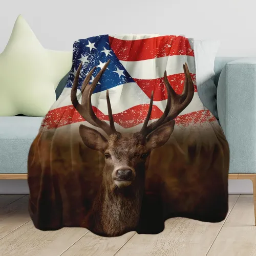 American Flag Deer Throw Blanket