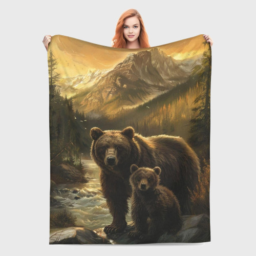 Mom And Baby Bear Print Plush Blanket