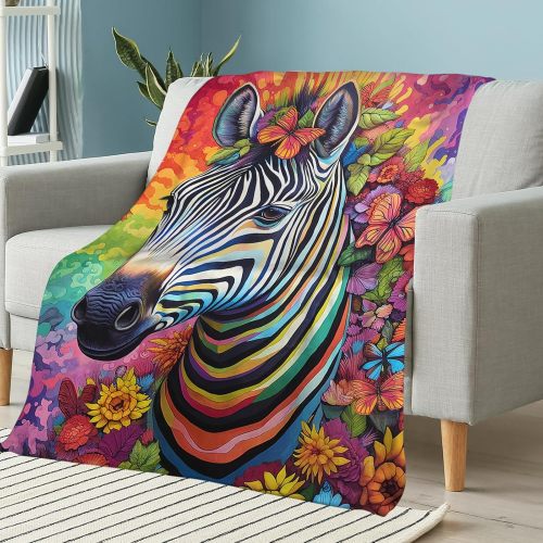 Colorful Floral Zebra Fleece Blanket