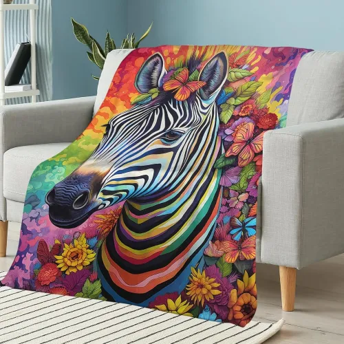 Colorful Floral Zebra Fleece Blanket