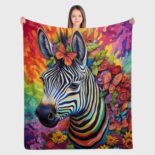 Colorful Floral Zebra Fleece Blanket