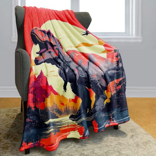 Sunset T-Rex Dinosaur Print Flannel Blanket
