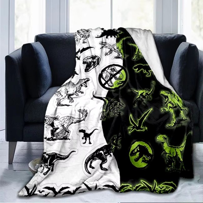 White Black Dinosaurs Flannel Blanket