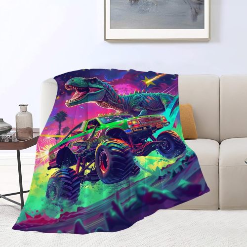 Dinosaur And Truck Print Flannel Blanket