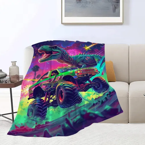 Dinosaur And Truck Print Flannel Blanket