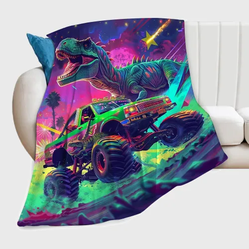 Dinosaur And Truck Print Flannel Blanket