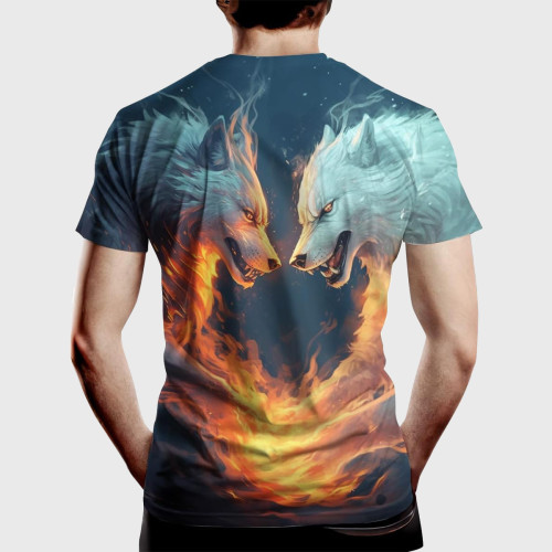 Novelty Men's Fire Wolf Pack Pattern T-Shirt