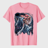 4th of July American Flag Howling Wolves Under Moon T-Shirt