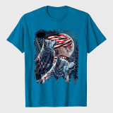 4th of July American Flag Howling Wolves Under Moon T-Shirt