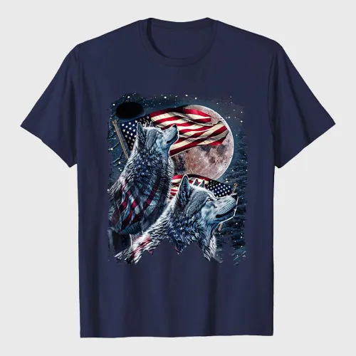 4th of July American Flag Howling Wolves Under Moon T-Shirt