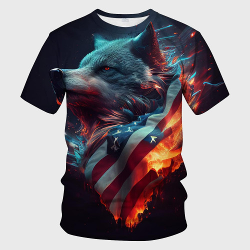 Flag Wolf Pattern T-Shirt