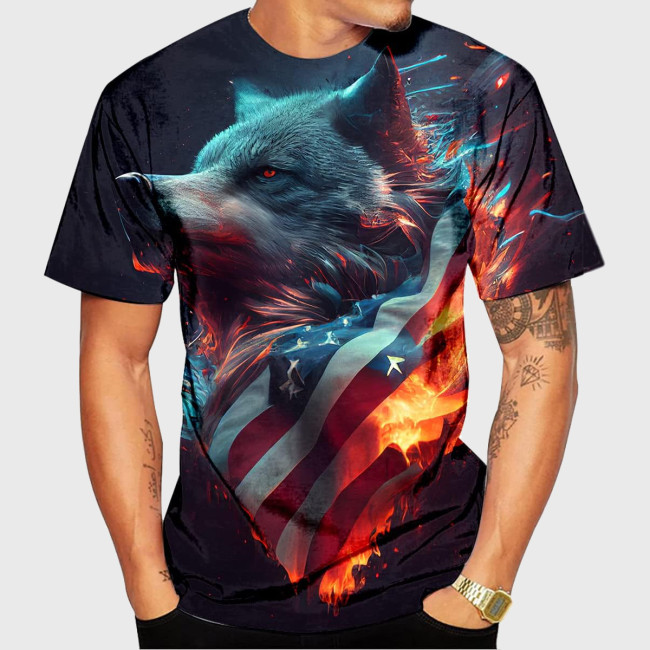 Flag Wolf Pattern T-Shirt