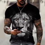 3D Lion Face Print Black T-Shirt