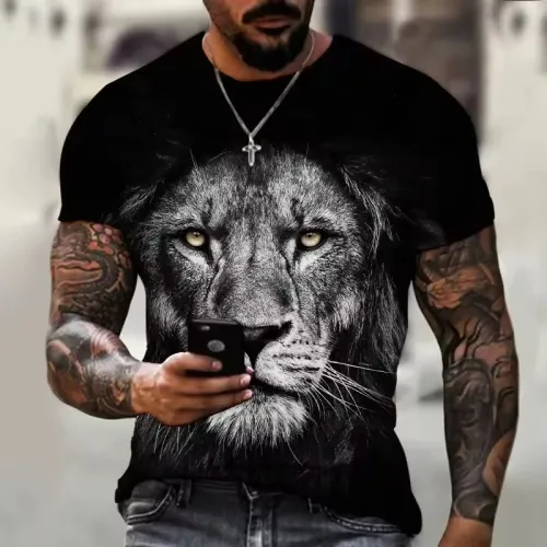 3D Lion Face Print Black T-Shirt