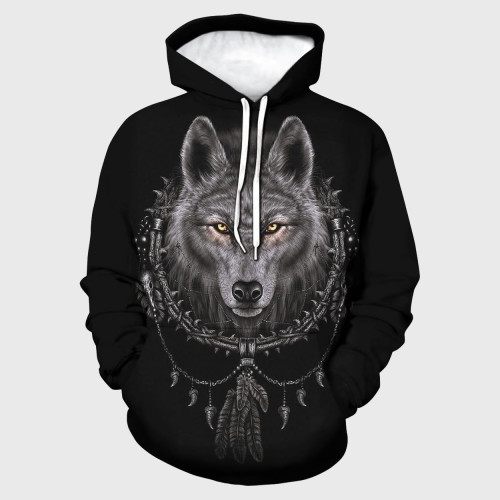 Black Wolf Head Print Hoodie