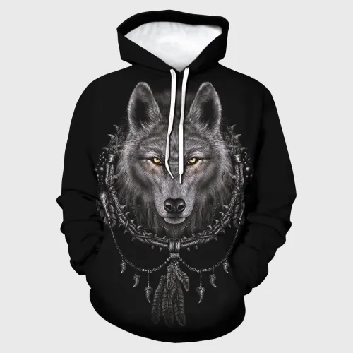 Black Wolf Head Print Hoodie