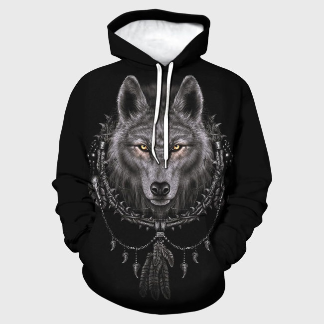Black Wolf Head Print Hoodie