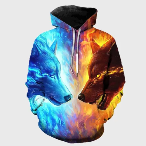 Fire Ice Wolf Print Hoodie