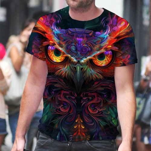 Mens 3D Colorful Owl Face Graphic T-Shirt