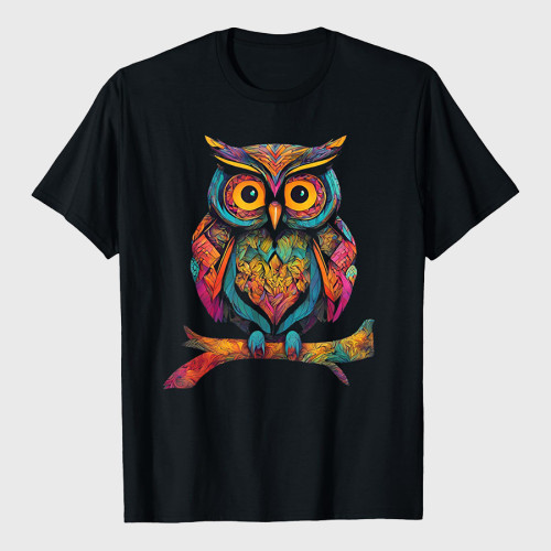 Owl Perched On A Tree Branch Colorful Pattern Owl Lover T-Shirt