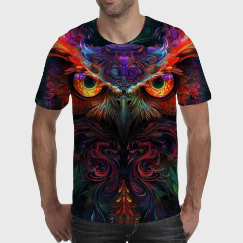 Mens 3D Colorful Owl Face Graphic T-Shirt