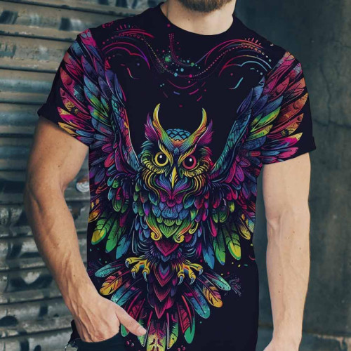 3D Colorful Owl Mens T-Shirt