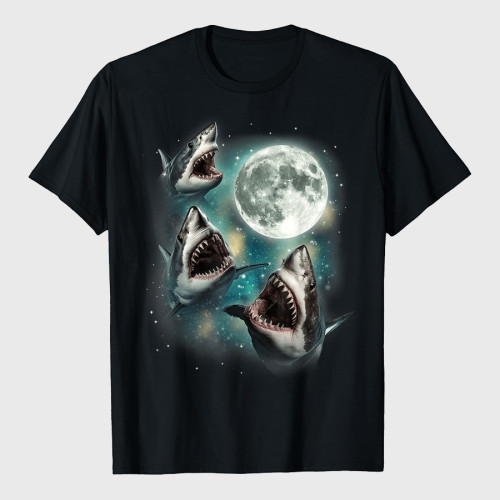 Three Shark Moon 3 Great Whites Howling Moon Parody T-Shirt