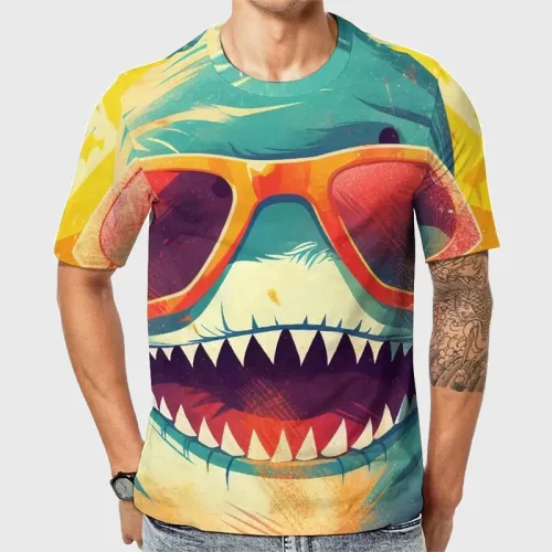 3D Shark Mouth With Sunglasses Graphic T-Shirt