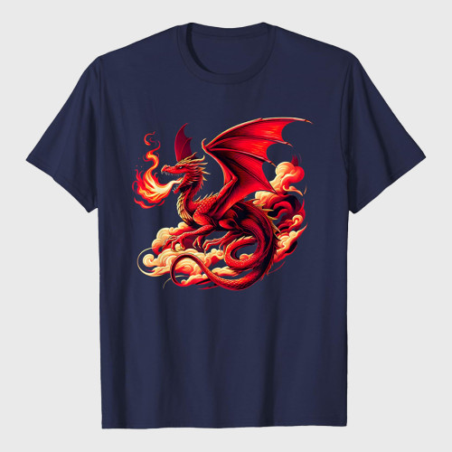 Mythical Red Dragon Breathes Fire On Clouds T-Shirt