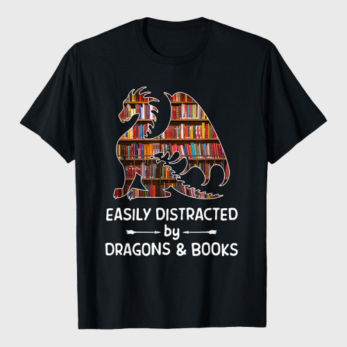 Easily Distracted By Dragon And Books Nerds T-Shirt