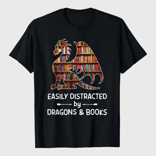 Easily Distracted By Dragon And Books Nerds T-Shirt