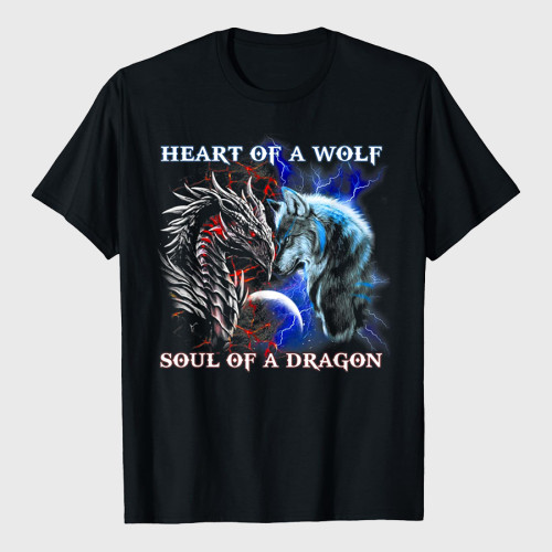 Heart Of Wolf Soul Of A Dragon Cool Dragon Wolf Warrior T-Shirt