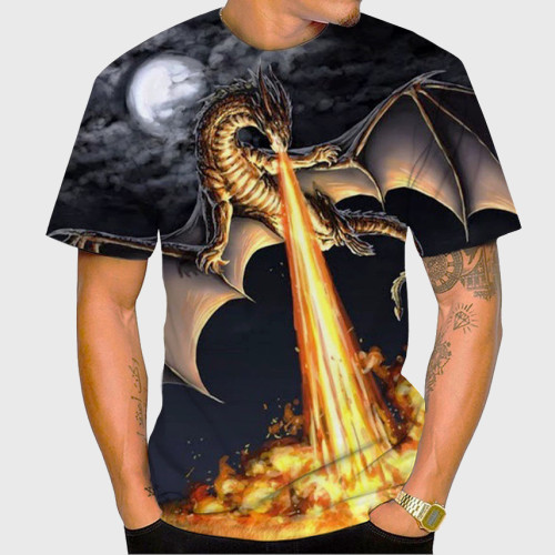 Mens Fire Dragon Pattern T-Shirt